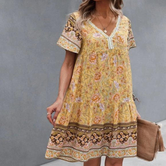 Yellow multi print Floral Smock Dress - Picture 5 of 6